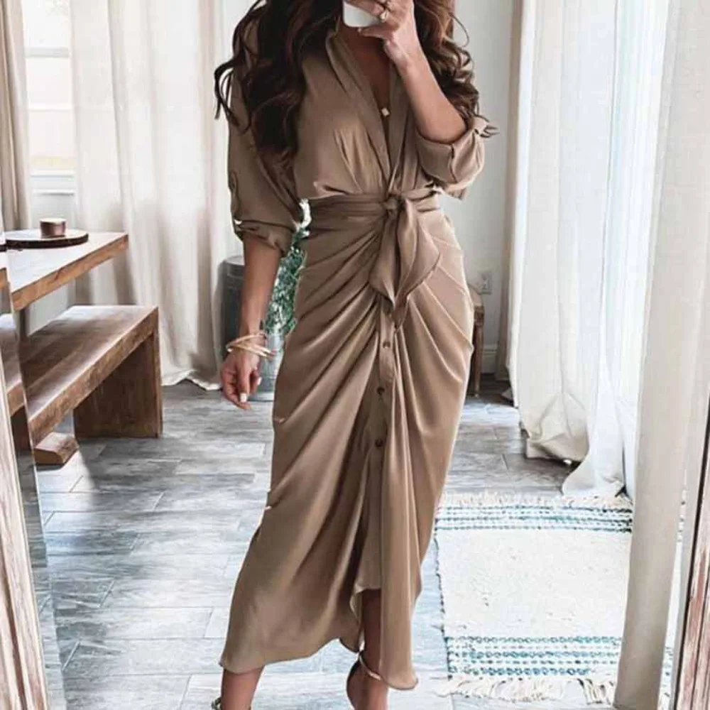 LLDRESS Irregular Long Sleeves Sexy Tie High-end 2022 New Women Clothes V Neck Slim Pleated Elegant Floral Dress For Women