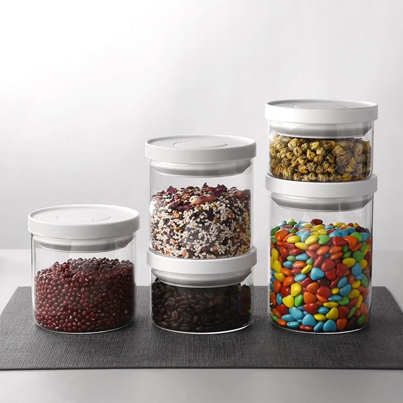 High Crystal Silica Press Seal Push Type Storage Nut Food Snack Coffee Storage Glass Canisters with Lid