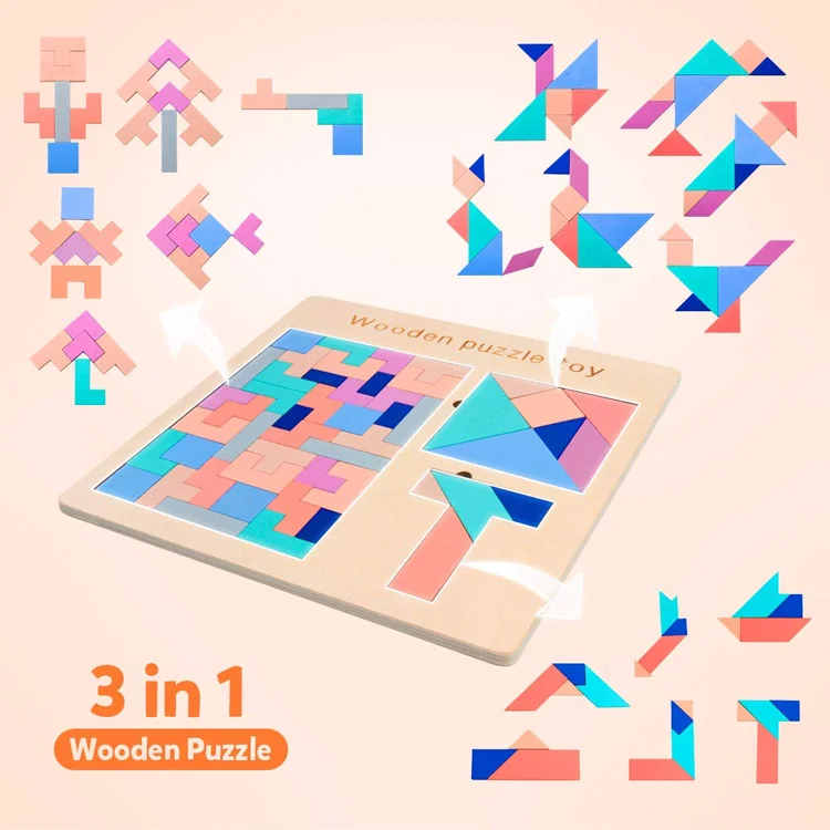 Wooden 3 In 1 Educational Puzzle Blocks DIY Montessori Wooden Brain IQ Training Paper Cutting Puzzle For Children 3 -6 years old
