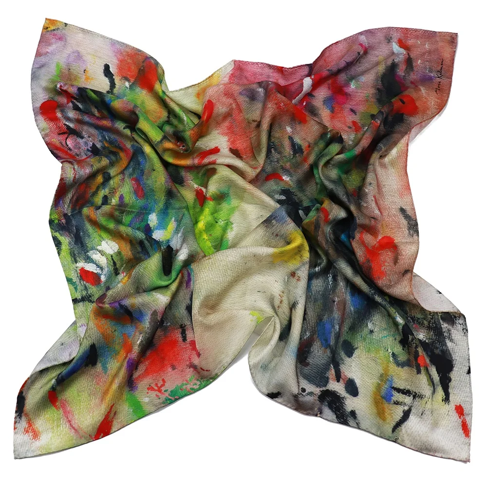China Women High Quality Handmade Hemming Oil Painting Printed Colorful Silk Scarves Square