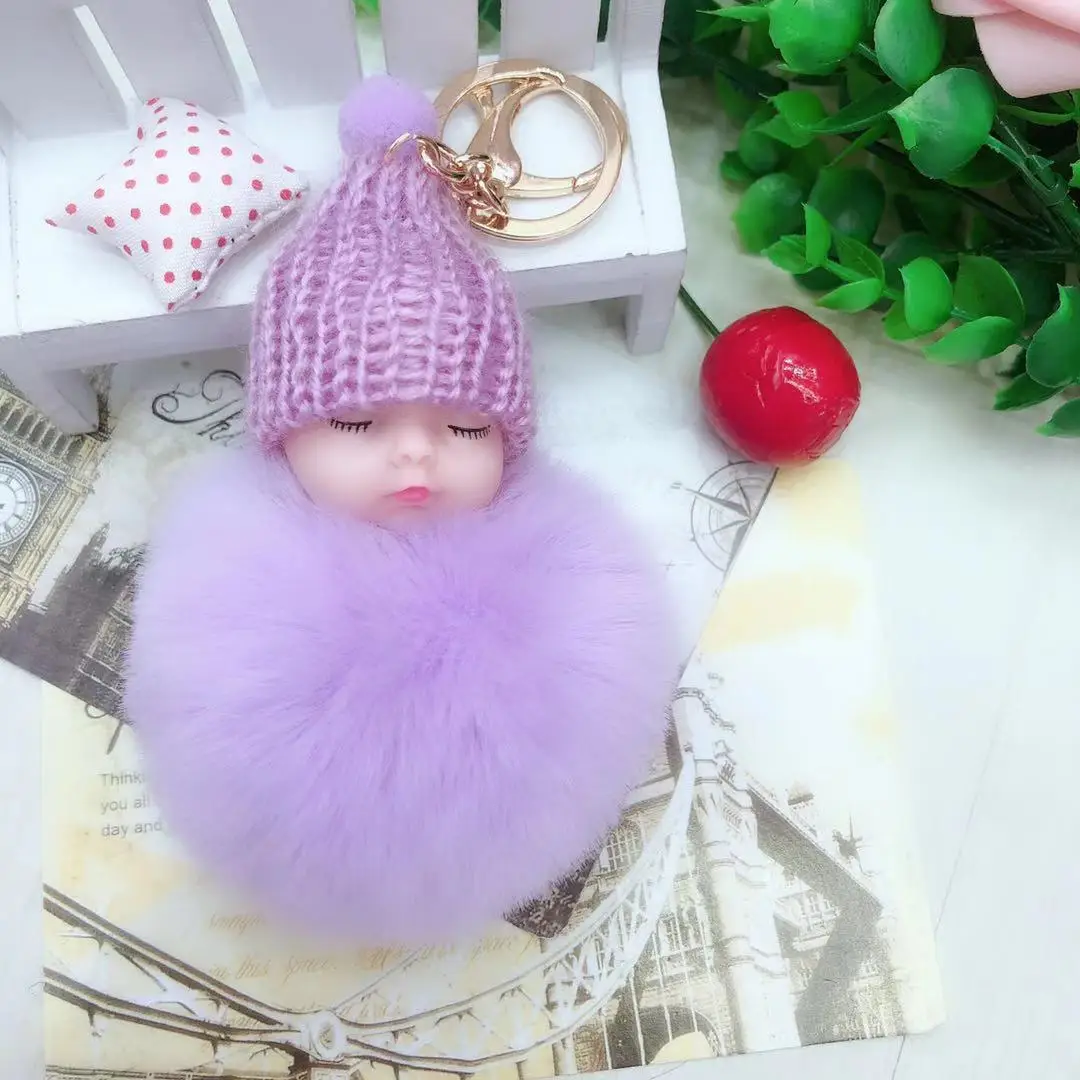 New Sleeping Cute Baby Fur Ball Key Chains Cute Plush Doll Key Chain Sleep Baby Keychain