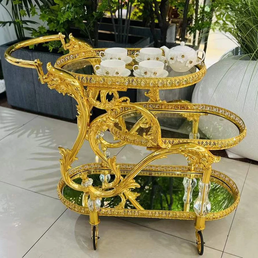 Golden Copper Trolley Wedding Banquet Decorated Dining Cart Luxury Bar Cart