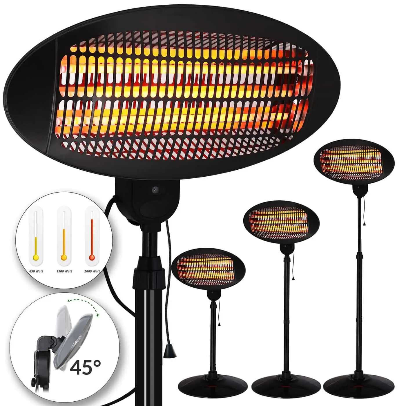 4 Settings 2000W 3 Quartz Heating Tubes IPX4 Waterproof Free-standing Wall-mounted Radian Infrared Patio Heater