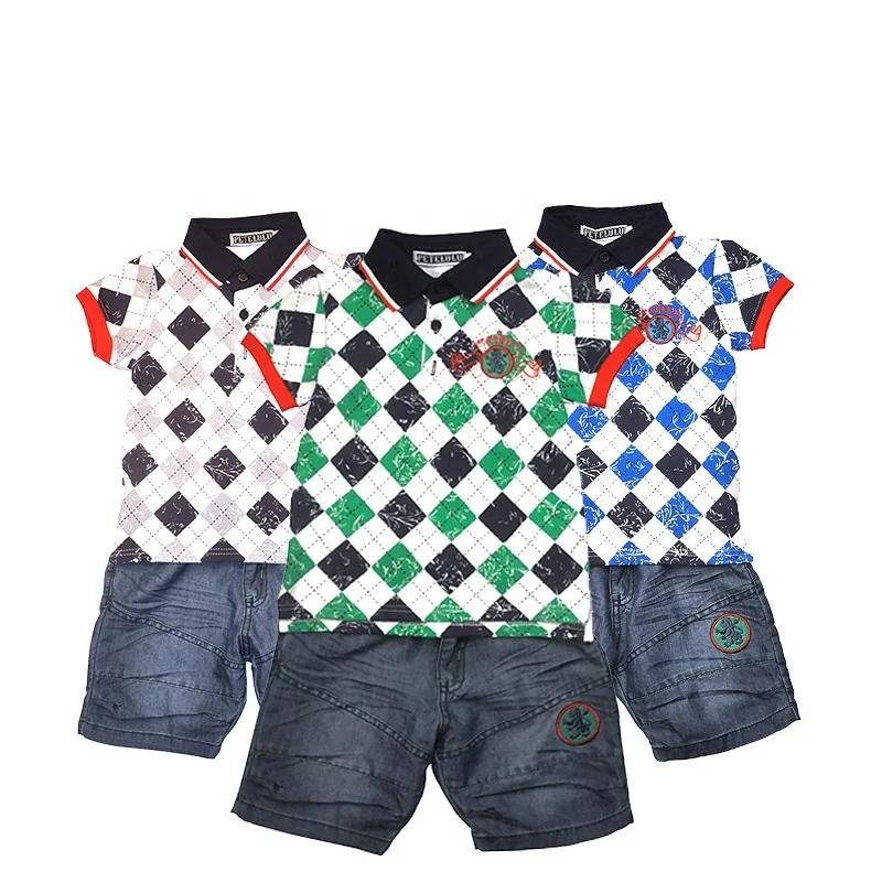 Slogan print Boys polka pot polo shirts  and  anchor jeans pant sets for clearance sale