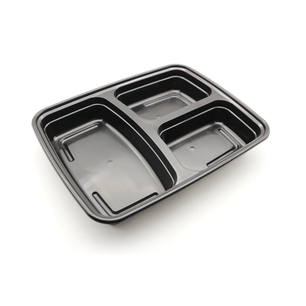 Disposable Hot Sale Food Grade Take Away 3 Compartments Stackable  Black Meal Prep Food Containers With Lid