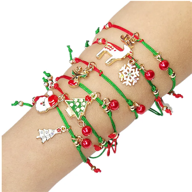 Christmas Bracelet Alloy Christmas Tree Snowman Elk Snowflake Bells Gift Bracelets Custom Santa Handmade Beaded Bracelets