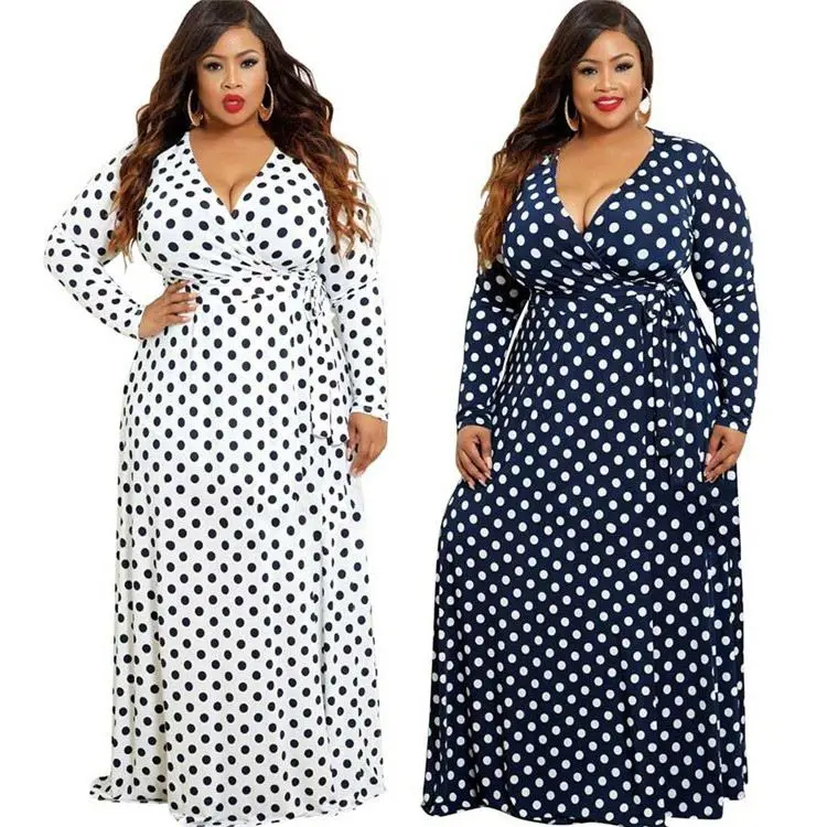 
DF908030 Fashion deep V-neck long-sleeved polka dot print large swing Women Plus Size Maxi Dress 