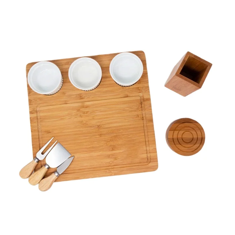 Bamboo Cheese Board Set with Wine Coasters, Ceramic Bowls, Cheese Knives and Knife Holder
