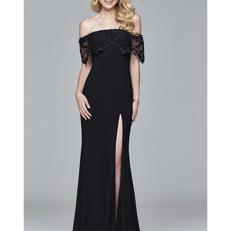 Superior Quality Long Black Lace V-Neck Overlay Sleeves Elegant Dresses Women  gown evening dress