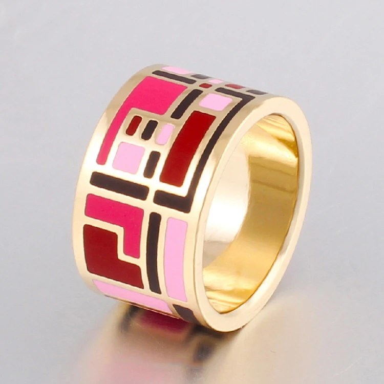 
Latest design Woman Gothic Style Custom Wide Ring Gold Plated Stainless Steel Enamel Ring 