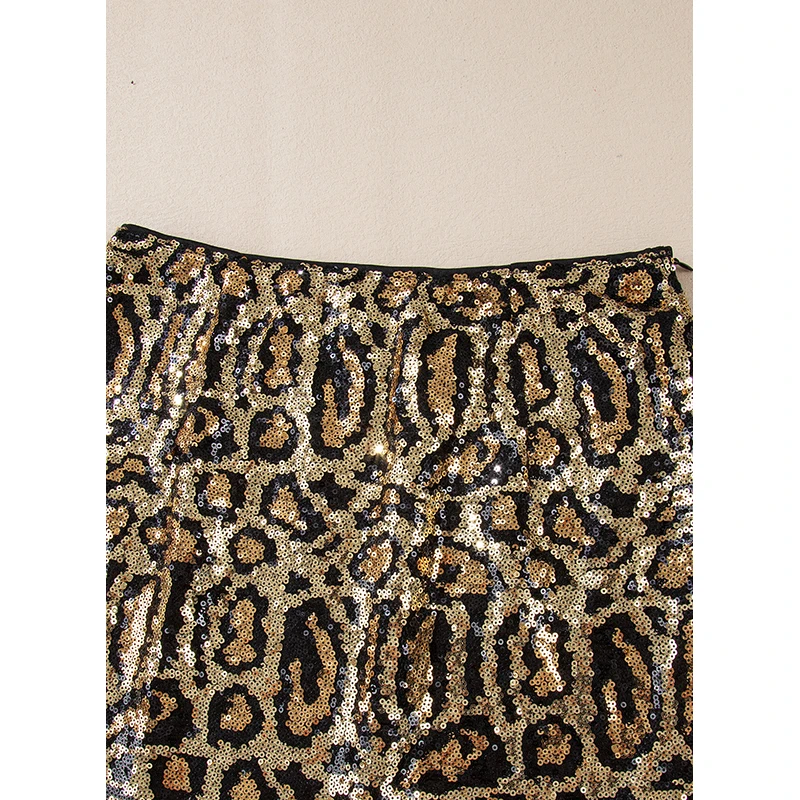 Dear-Lover Western Ladies Sequined Leopard Print Disco Mini Womens Skirts