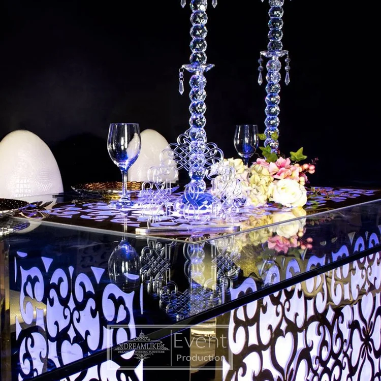 16 colors led lights glass top floral pattern stainless steel base party table and chair