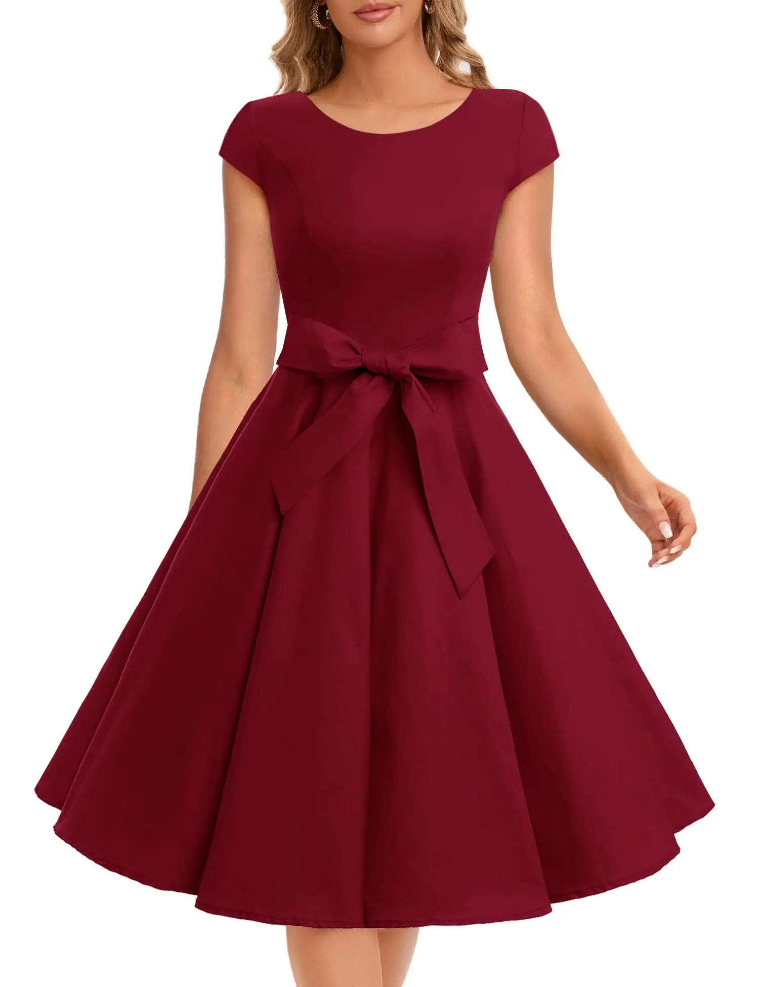 Women Vintage 1950s Retro Rockabilly Prom Dresses Cap-Sleeve