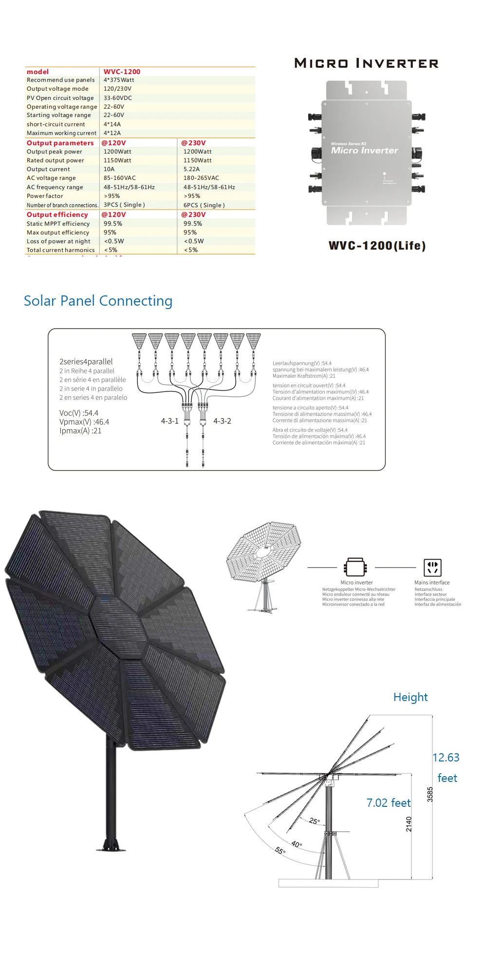 Solar Flower PV Monocrystalline 1000 Watts 1200w On-grid Solar Sunflower System with Micro Inverter for House