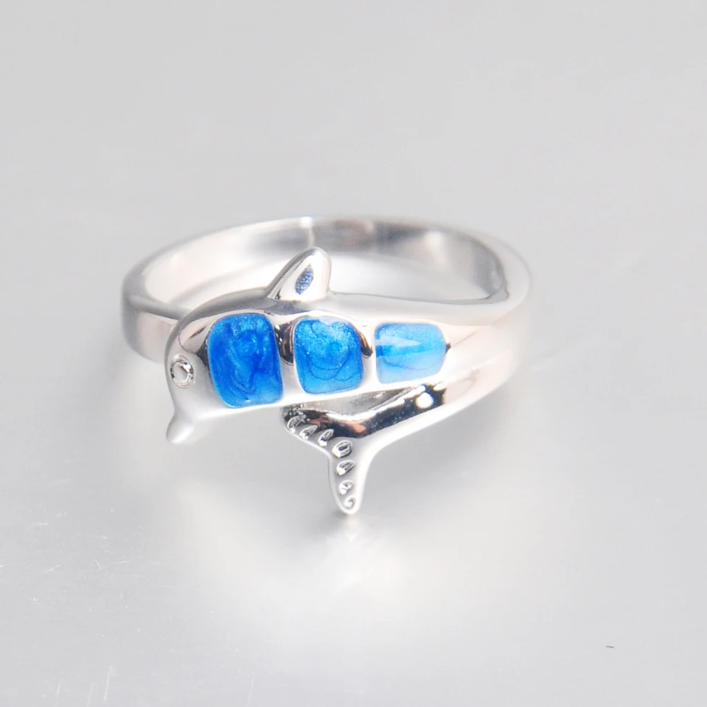 Wholesale Price Blue Enamel SeaLife Jewelry Small Quantity Stock Dolphin Jewelry Rings For Women