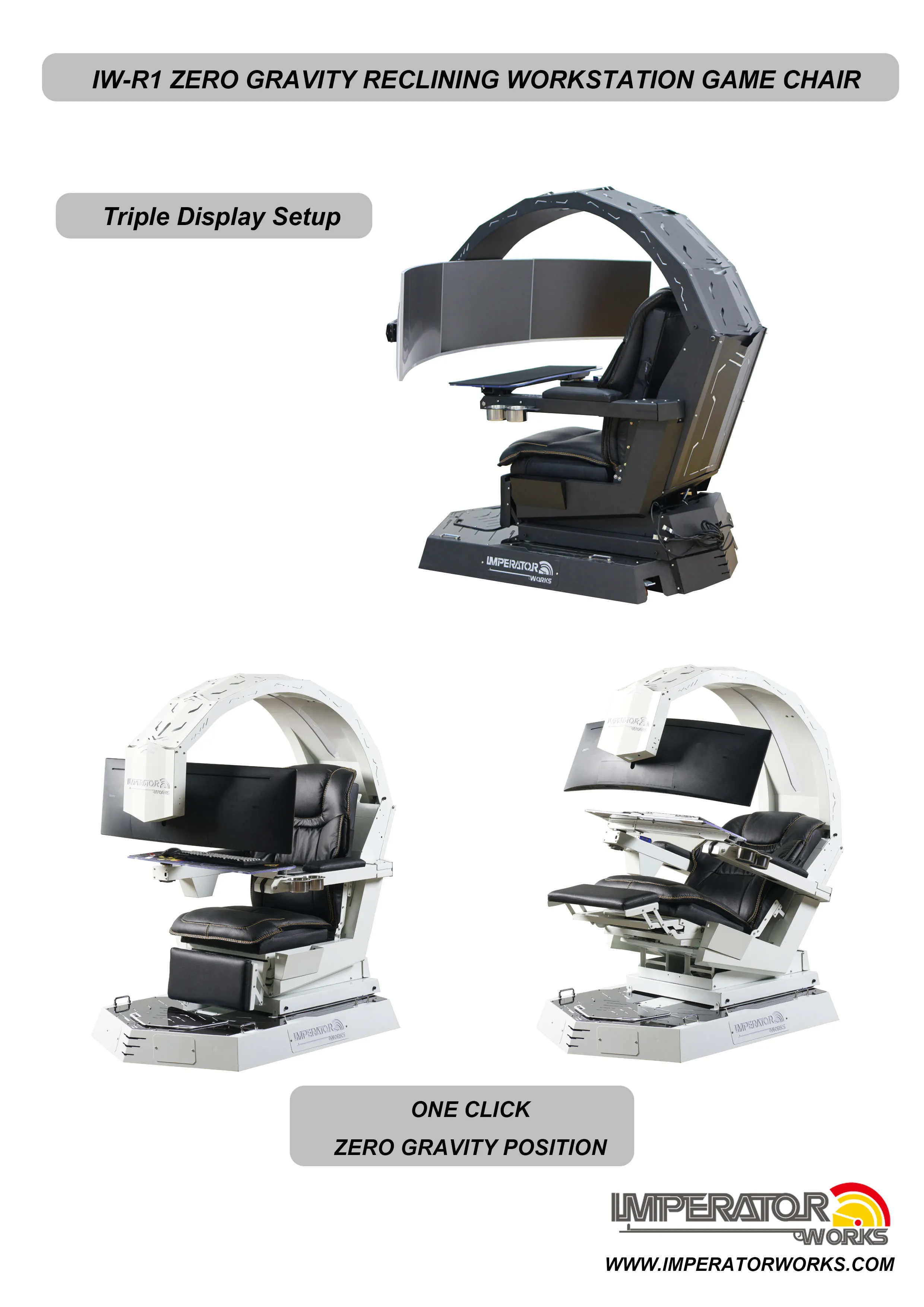 Imperator works IW-R1 genuine leather massage Chair cockpit with 3 monitor mounts automatically recline zero gravity chair
