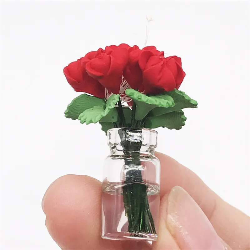 Dollhouse Miniature Flowers 1:12 Scale Mini Vase with Flower Doll House Accessories Tiny House Decorations M3797