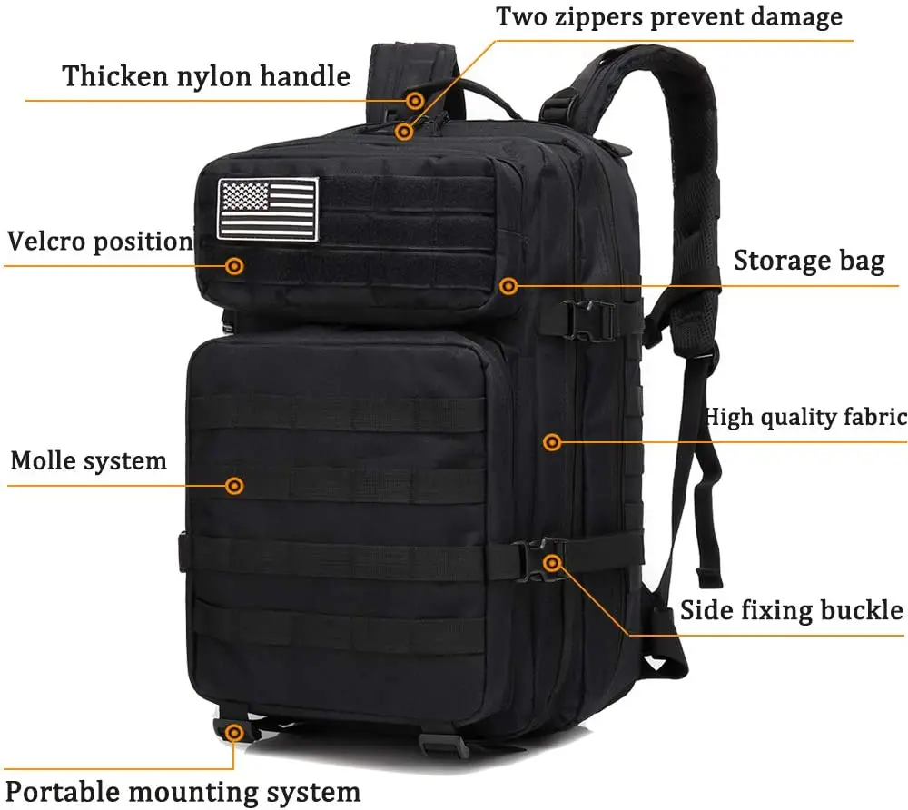 Custom Logo Molle Rucksack 45L Tactical Backpack Assault Bag With Waterbottle First Aid Holder