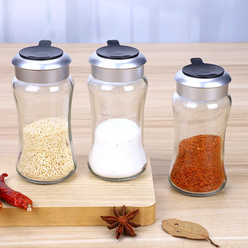 Aeofa glassware Golden Supplier Glass Spice Jar Salt Pepper Dispenser Shaker with Rotating Plastic Lid 3 Kinds of Holes