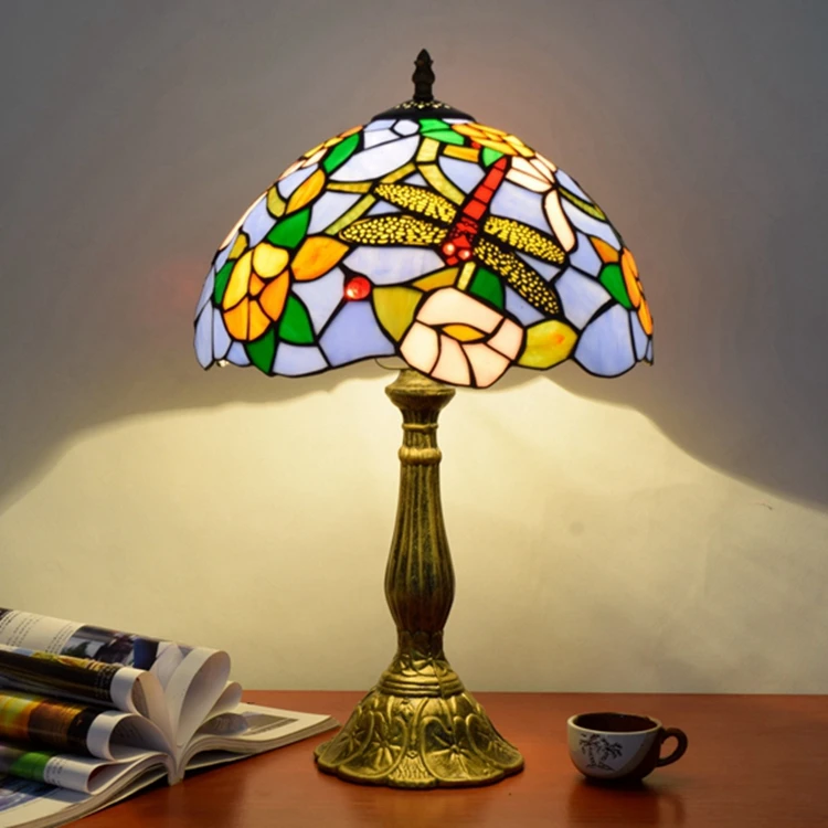12 inch European style Blue dragonfly lotus Art Table Lamp Tiffany Stained Glass Retro Bar Dining Room Bedroom Bedside Lamp