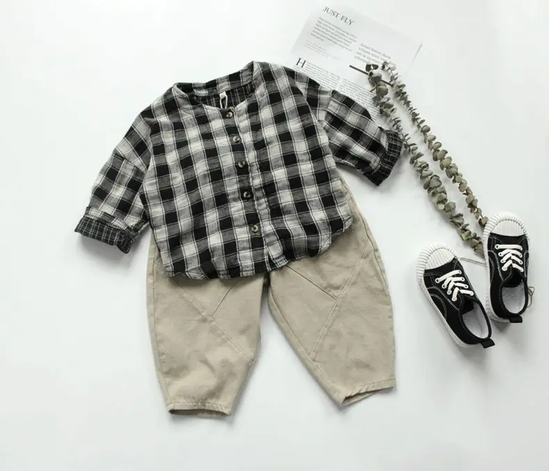 Plaid casual children fall t shirts linen cotton kids t-shirts boy