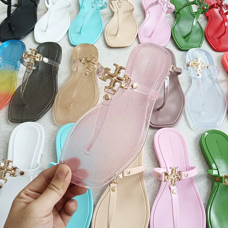 2024 Tb Sandals Luxury Ladies Slippers Jelly Flat Metal Buckle Flip Flop For Beach Sandals For Womens Jelly Sandals Slides