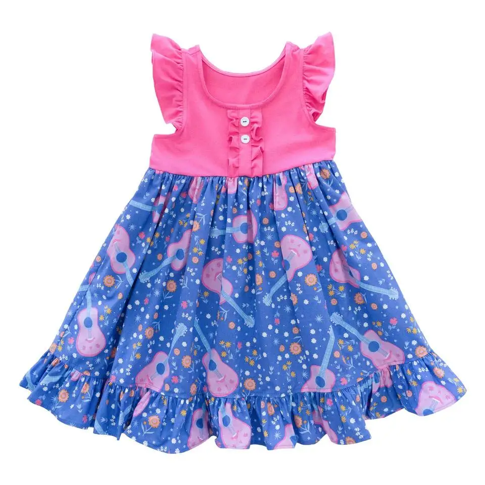 summer new custom back to school dress wholesale children guitar flower print blue ruffle popular girls dresses