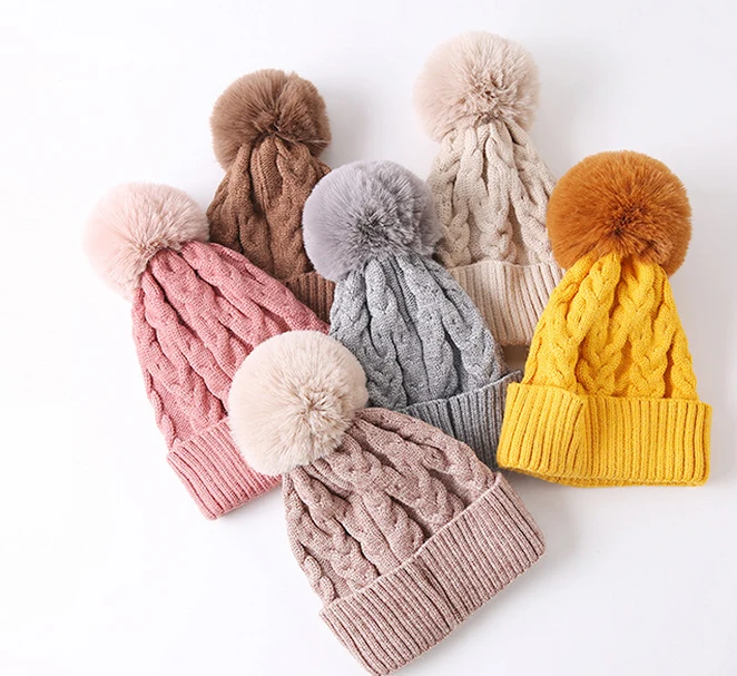 
Thick and Warm Knitting Hat Winter Mom And Baby fur pompom Kids Hat Knitted 