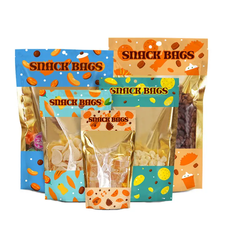 One Side Clear Resealable Stand up Pouches Transparent Gold Foil Food Storage Bags with Zipper Stickers