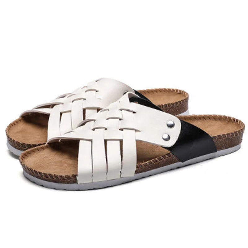 
PU Men Summer Fashion Beach Shoes Woven Belt Sandals Casual Cork Non-slip Couple Sandals and Slippers Women Autumn Slippers 