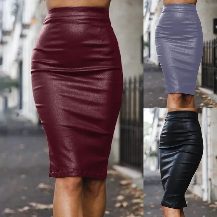 Black PU Leather Skirt Women 2021 New Midi Sexy High Waist Bodycon Split Skirt Office Pencil Skirt Knee Length Plus Size