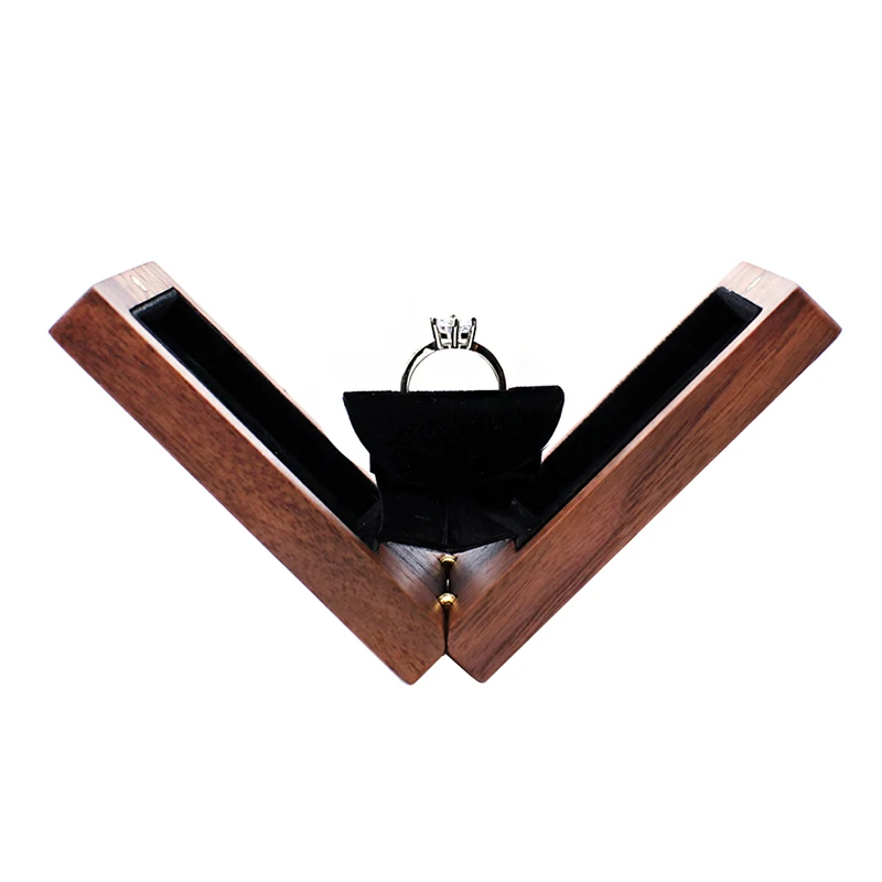 Custom Logo Luxury Flat Foldable Rotating Wooden Ring Box Wood Ring Bearer Box