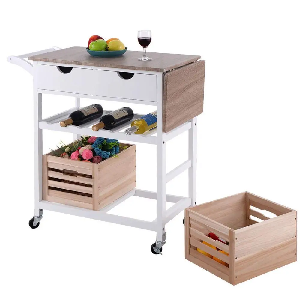 Folding Dining  Rolling Wheels Kitchen Island Storage Utility Cart Portable Trolley Stand with Storage Wooden Basket