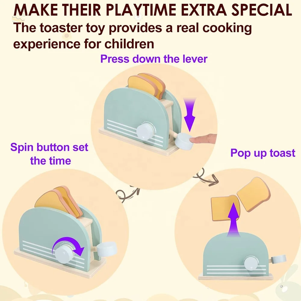 Kids role play bread machine toy pretend play wooden kitchen food bread maker game set wood pop up toaster toy with accessories