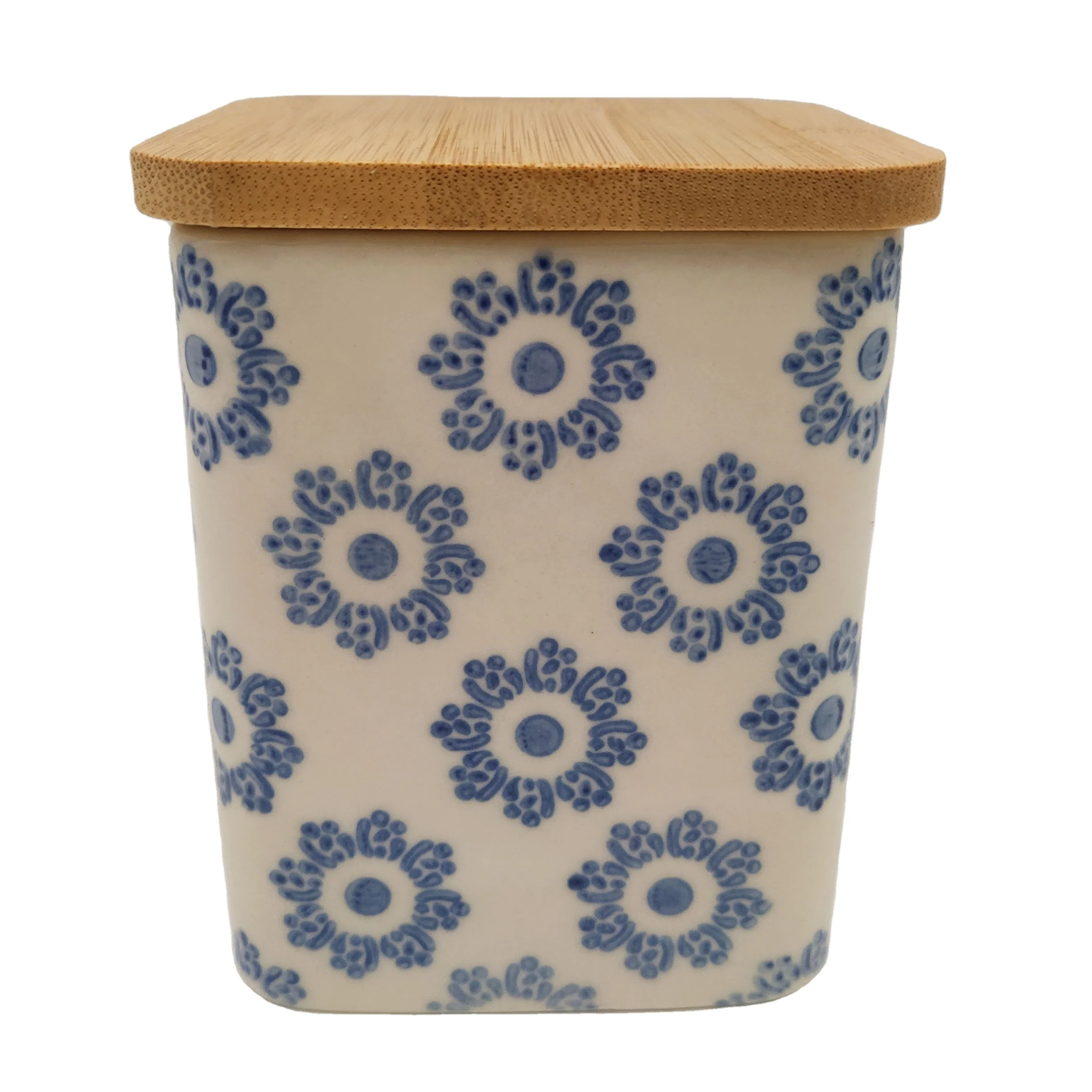 Blue flower storage airtight bottles ceramic canister with wooden lid
