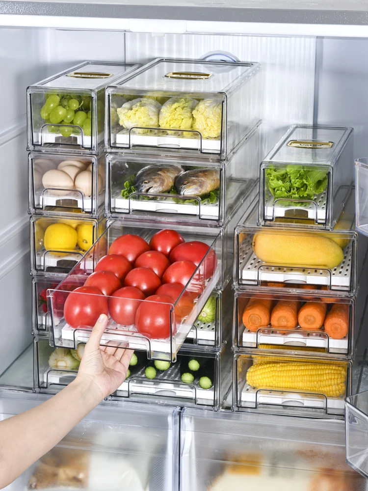 large Refrigerator Stackable Food Storage Box Drawer Type PET Transparent box With drain plate