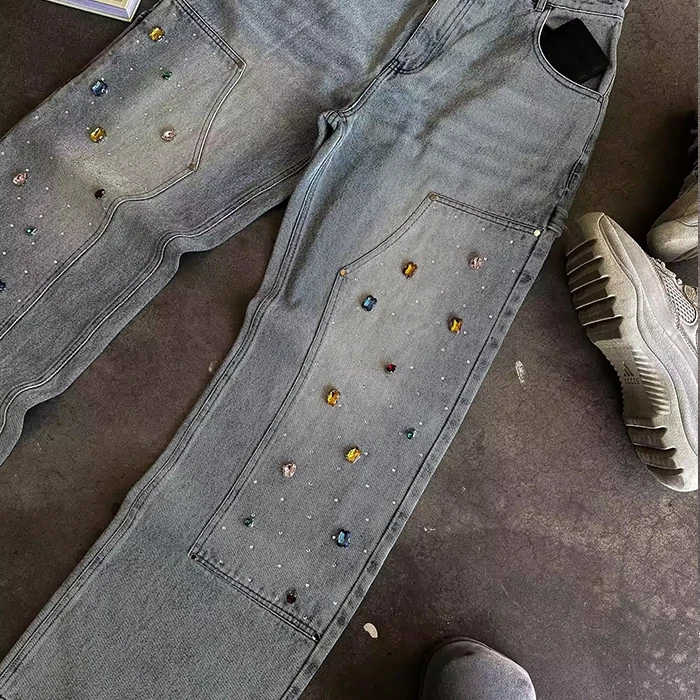 Custom Designer High Waist Rhinestone Oversized Wide Leg Acid Wash Distressed Baggy Carpenter Flare Jean Pant Denim Jean for Men
