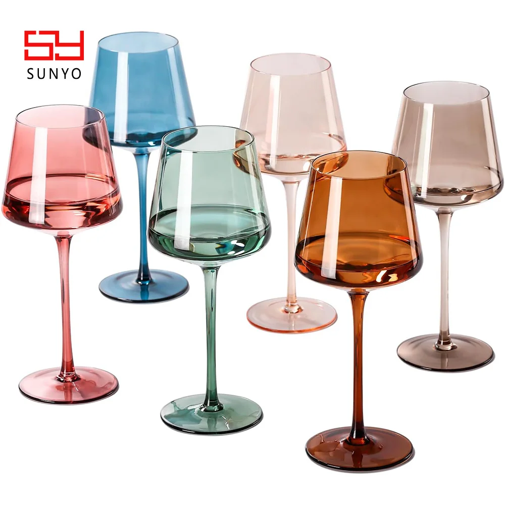 SUNYO 18oz Colored Wine Glasses Set of 6 Handmade Leadfree Crystal Stem-Muticolor Brown Vintage Wine Glass