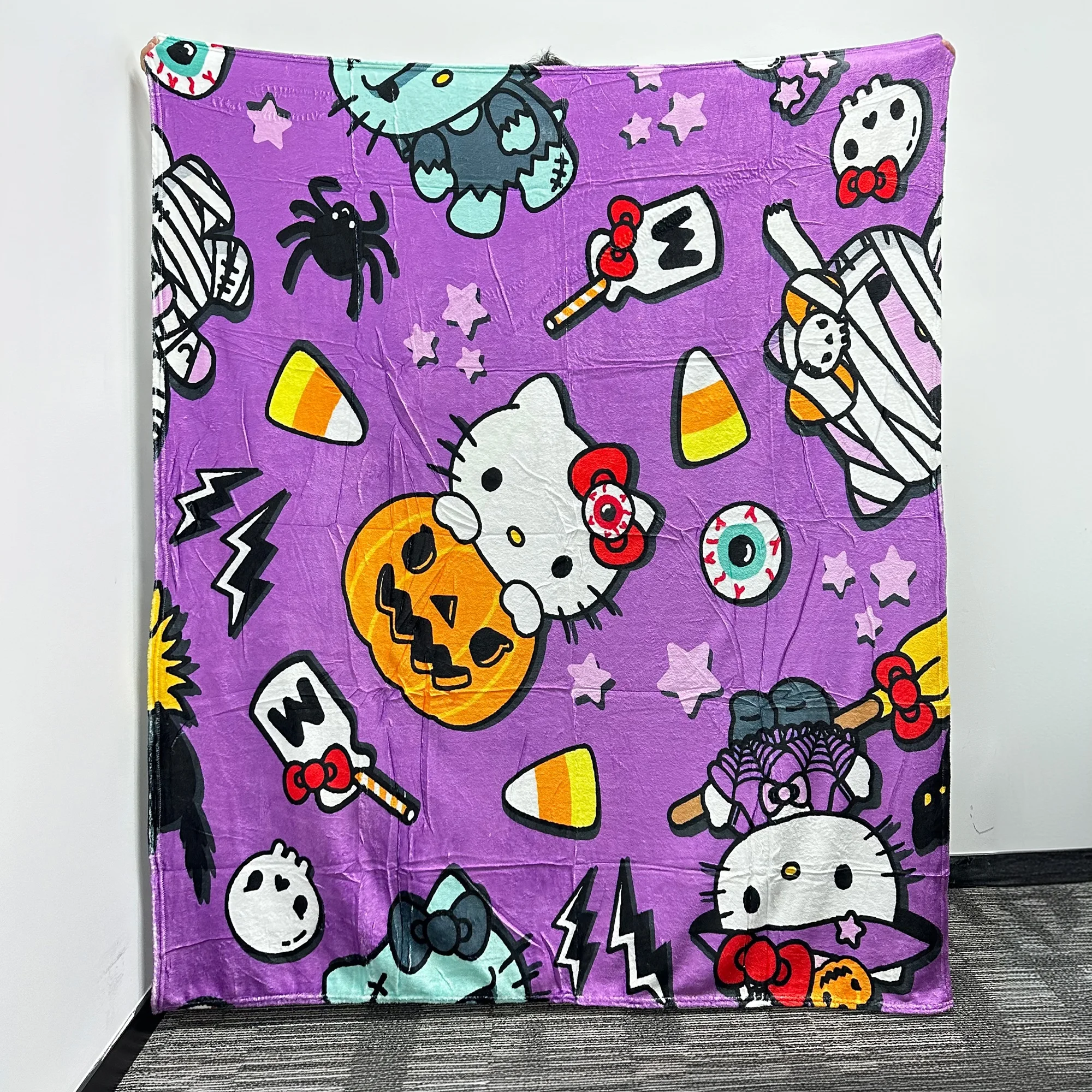 Free Mock up Custom Design Add Free Wash Mark Kitty Anime Cartoon Halloween Spider Web Gray Organic Children Flannel Blanket