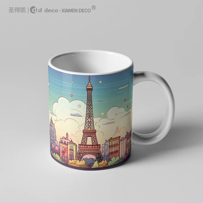 Custom New Design Paris Eiffel Tower City Cup Souvenir Coffee Gift Set Porcelain Mug with Logo Print