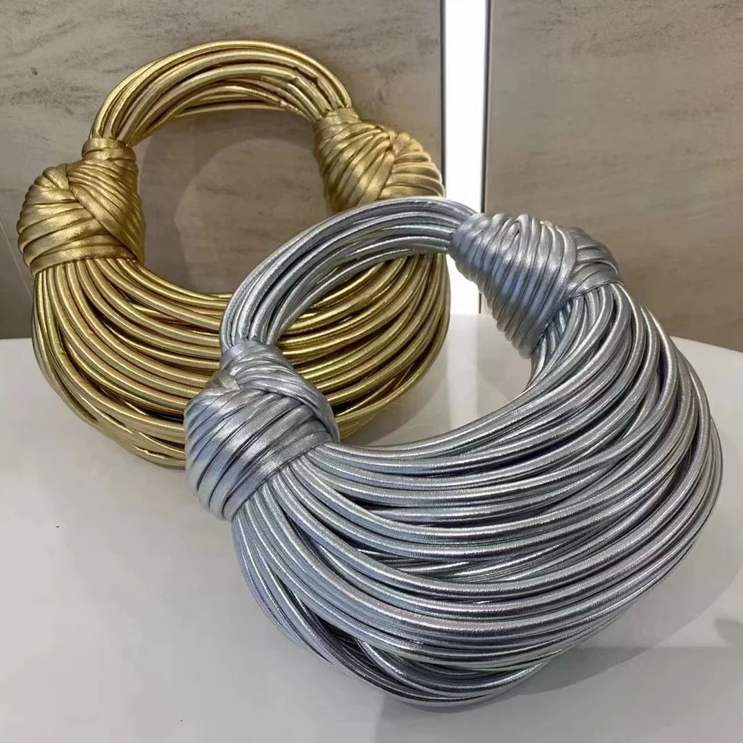 5919# fashion women microfiber leather golden silver metalic noodles shape clutch bags knot hobo bags for ladies new purse