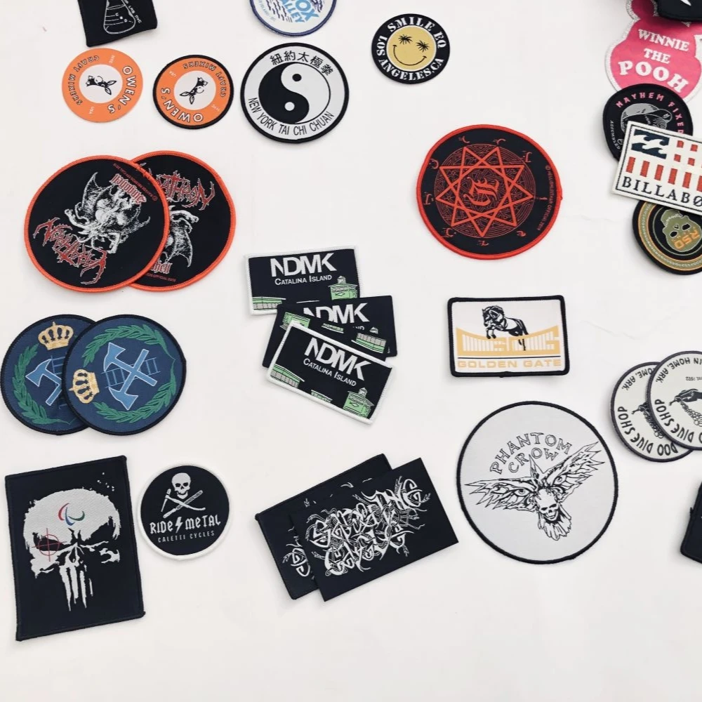 Custom logo name fashionable woven round leather chenille sequin letter iron on embroidery patch sew for hat clothing jeans