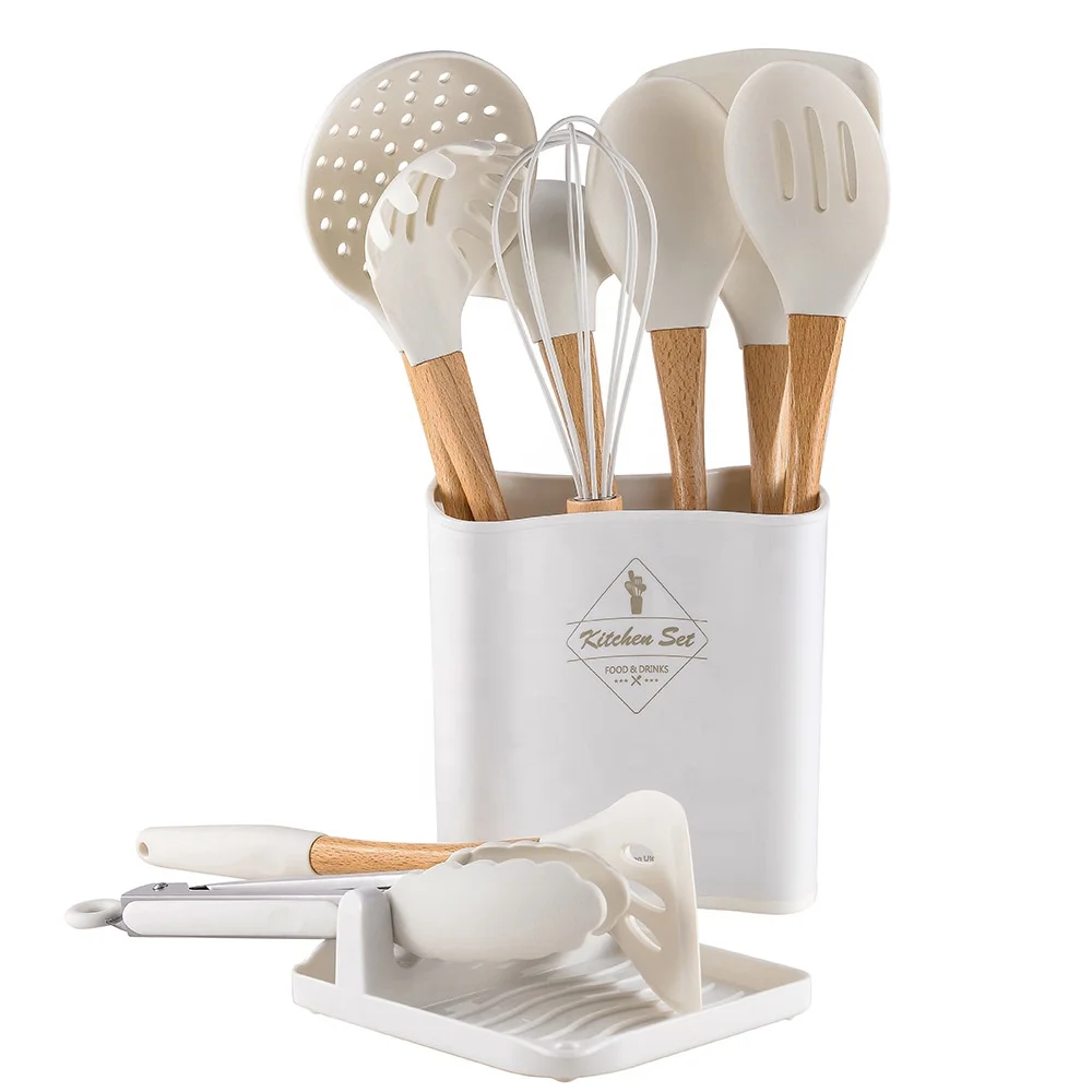 Silicone Kitchen Utensils Pot Spatula Soup Spoon Silicone Wood Handle Kitchen Utensils Cooking Tools Set Customized Logo White