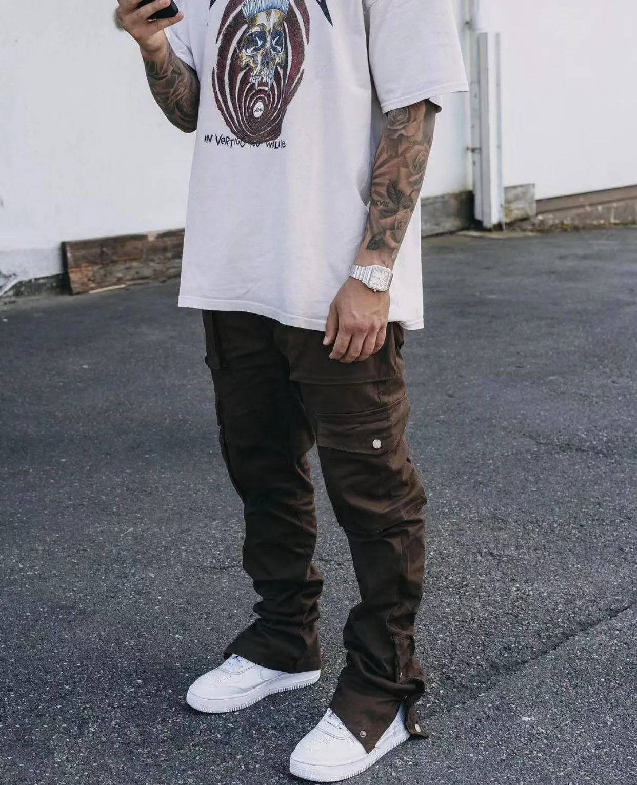 Custom 100% Cotton Mens Trousers With 6 Side Pockets Loose Streetwear Cargo Pant Split Hem Flared Stacked Sweat Pants For Men