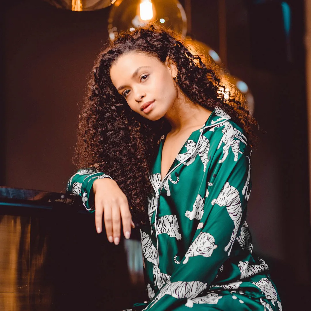 Luxury Femme Women Sleepwear Pyjama 2 Pieces Animal Tiger Print Silk Satin Pajamas Set