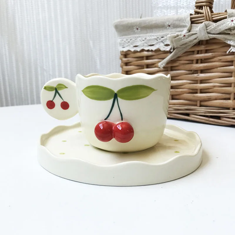 Simple cherry ceramic coffee cup and saucer cute three-dimensional shape milk breakfast cup