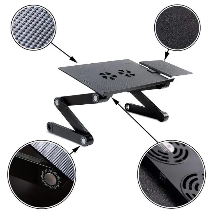 
360 Degree Adjustable Portable Notebook PC Laptop stand Computer Desk Folding Table with fan and mouse pad For Bed and soft 