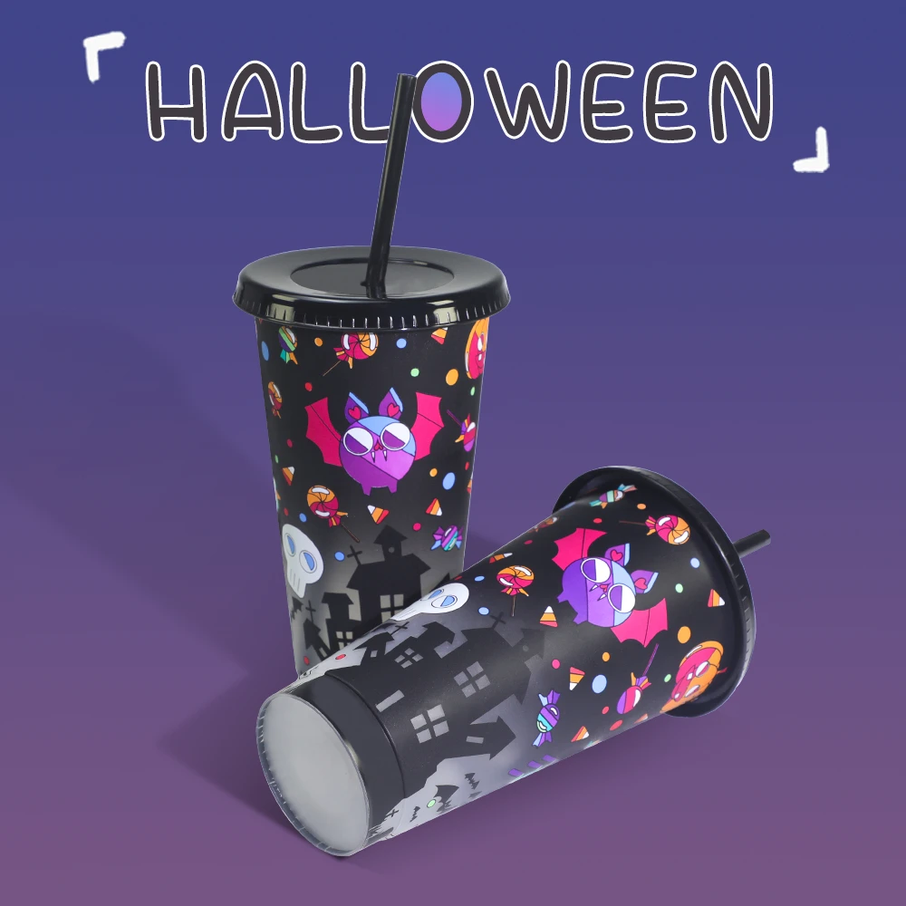 Magic tumbler sipper glass plastic Halloween Ghost magic cold colour black color changing cup with straw