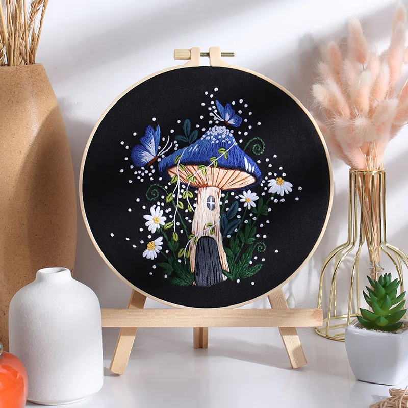 2024 New Design Mushroom House Hand started Embroidery kit for Beginners with Embroidery Hoop and Instructions