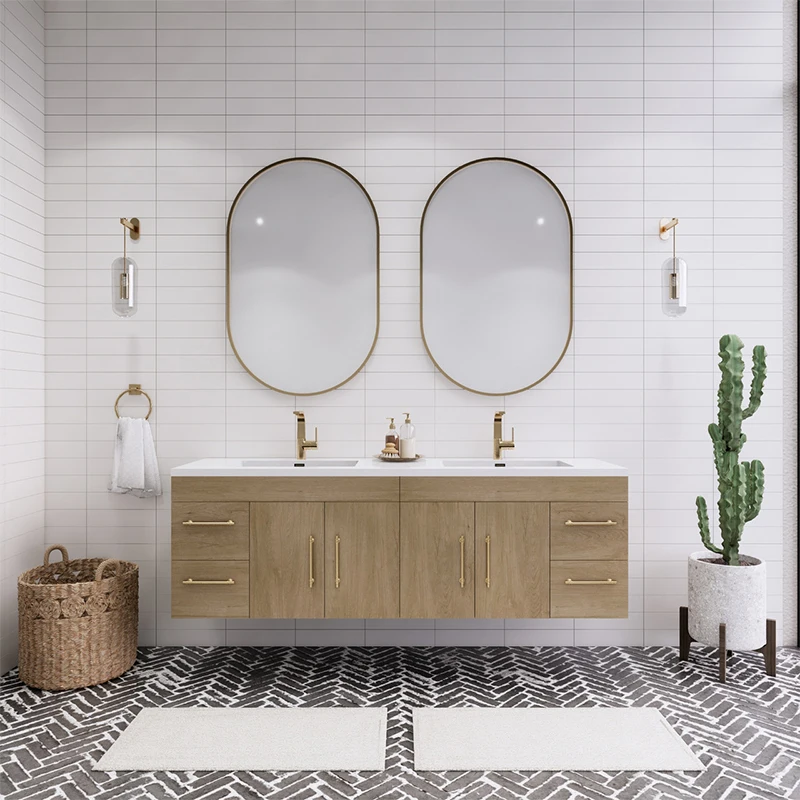 High end popular sanitary furniture solid wood double sink bathroom vanity cabinet